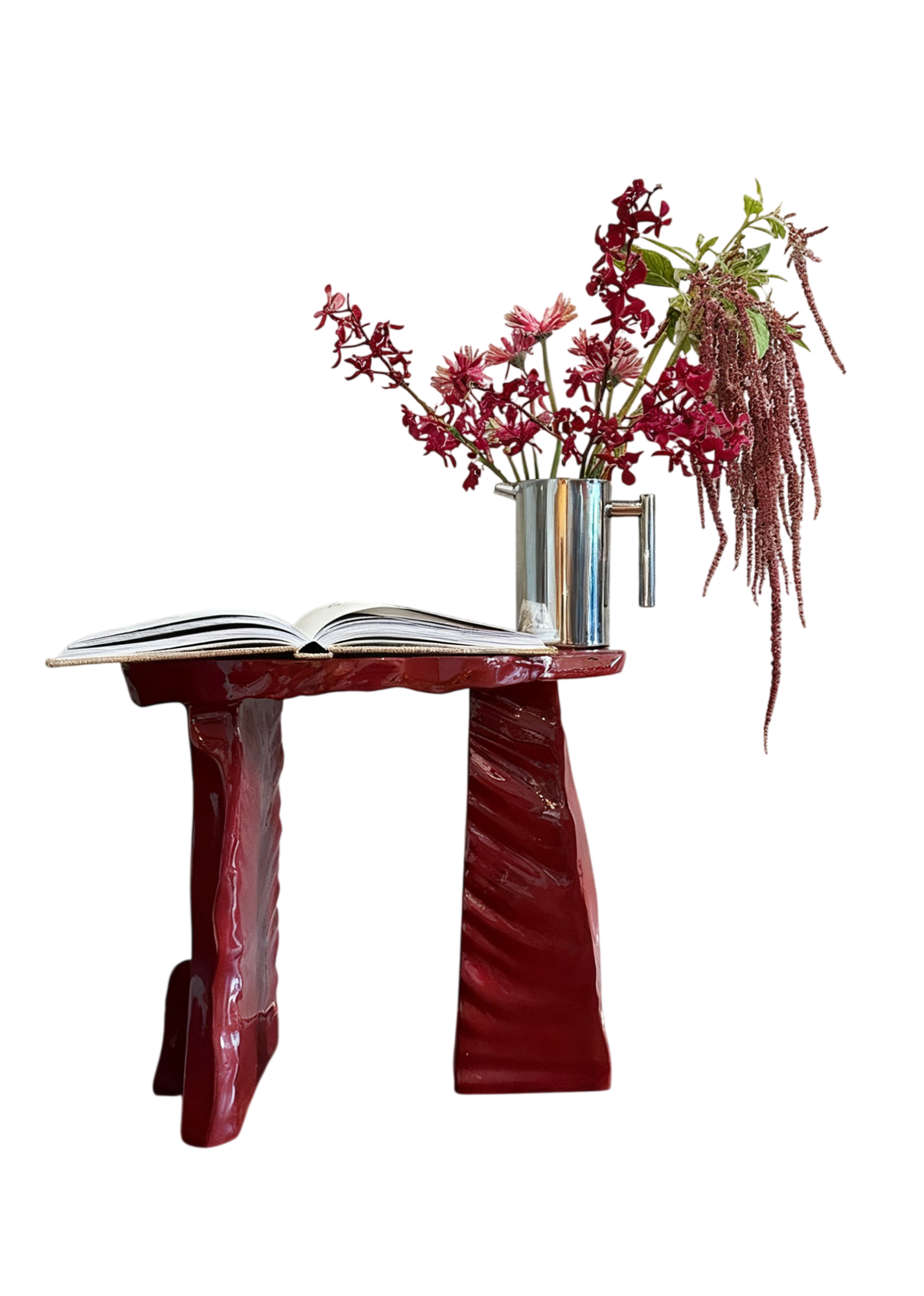 Modern Sculptural Side Table – Artistic Burgundy Accent End Table