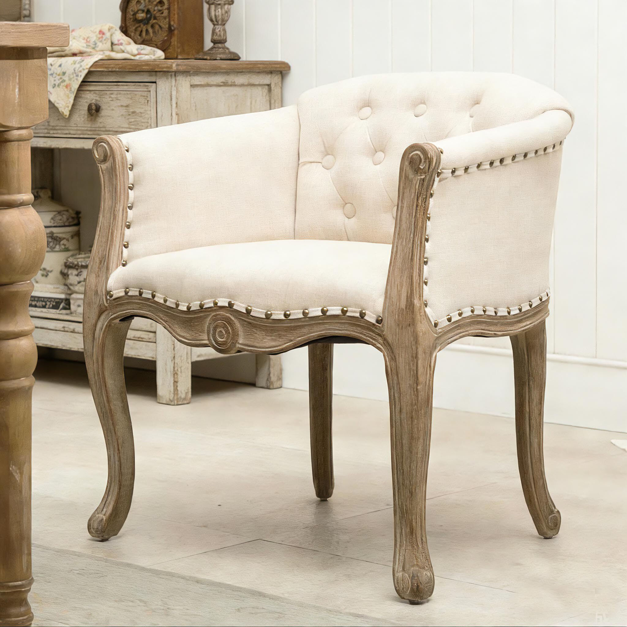 French Country Upholstered Accent Chair Solid Wood Farmhouse Barrel Chair