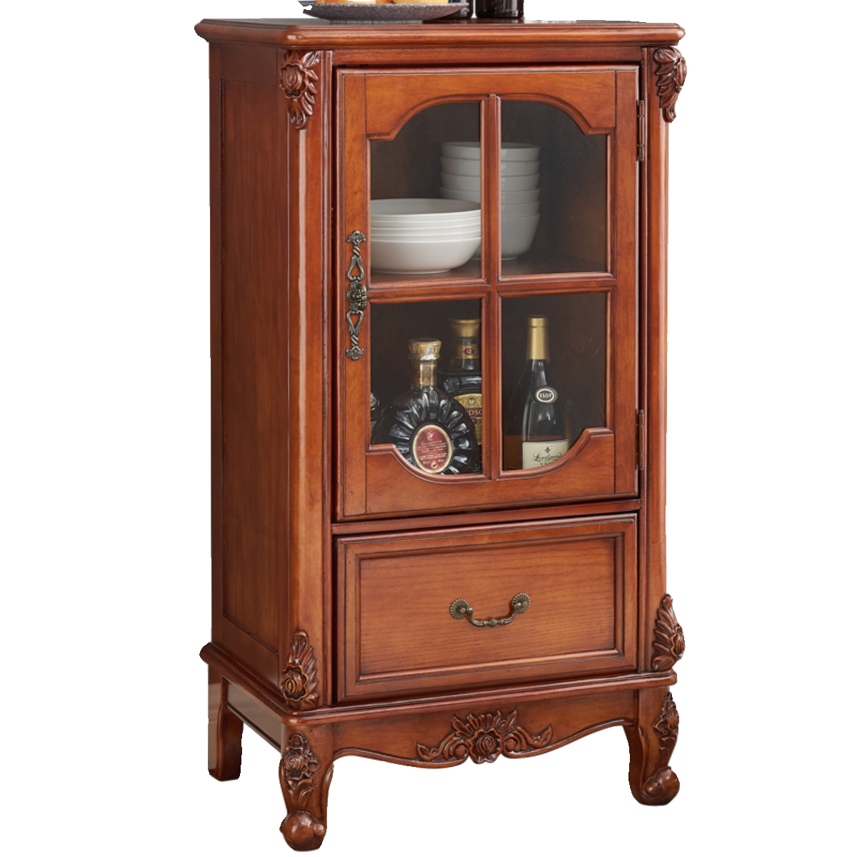 Vintage Solid Wood Bar Cabinet with Glass Door, Classic Display Storage Cabinet