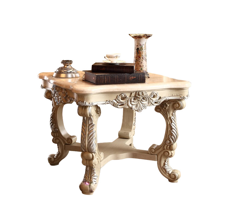 Luxury Carved Solid Wood End Table with Marble Top – Antique Side Table