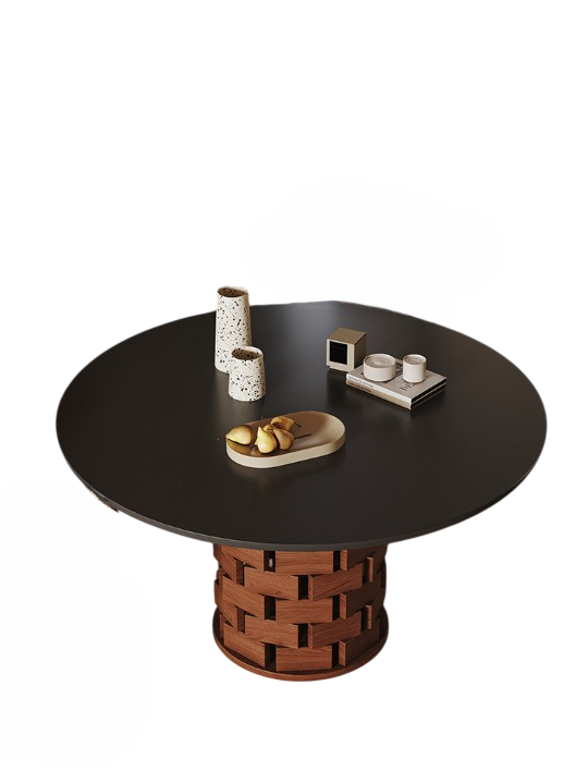 Modern Round Dining Table with Sculptural Wood Base