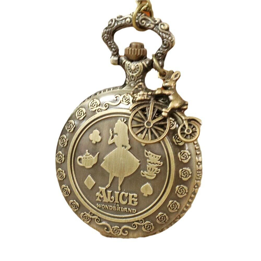 Vintage Alice Inspired Pocket Watch Necklace with Rabbit Bicycle Charm