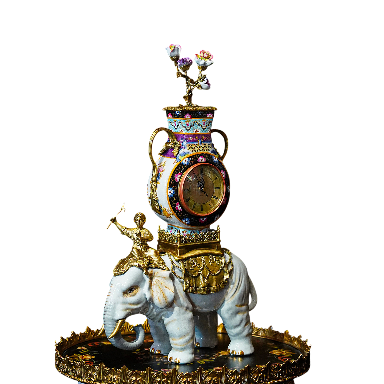 Vintage Elephant Mantel Clock Decorative Tabletop Ornament, Handcrafted Ceramic