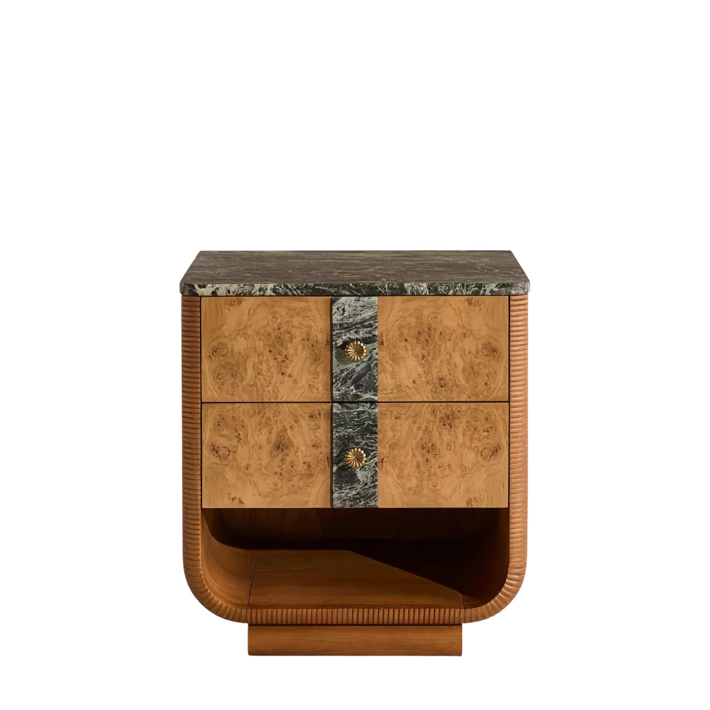 Luxury Marble Top Burl Wood Nightstand – Modern Retro Solid Wood Bedside Table