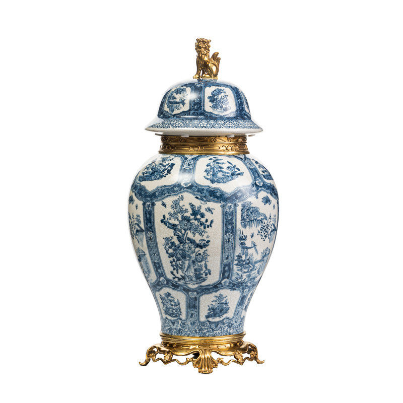 Luxury Blue and White Porcelain Ginger Jar with Brass Base and Lid