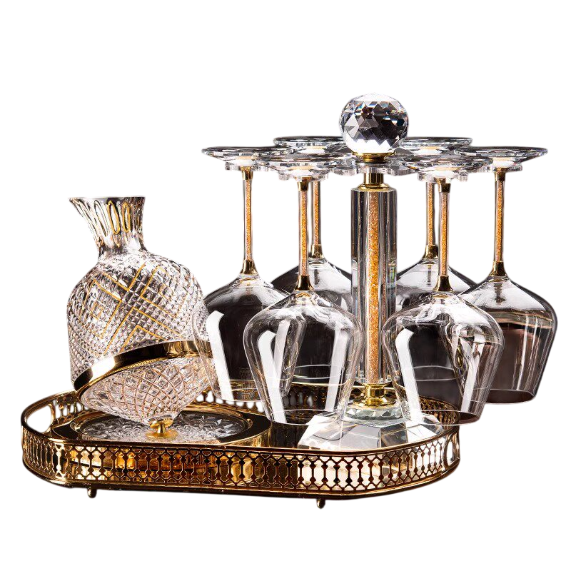Luxury Crystal Wine Decanter Set with Rotating Decanter, Stemware & Gold Display
