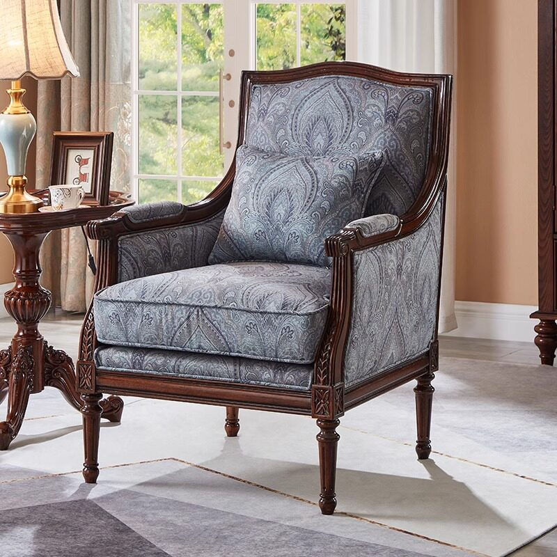 Thumbnail: Classic Solid Wood Accent Armchair, Upholstered Fabric Lounge Chair 