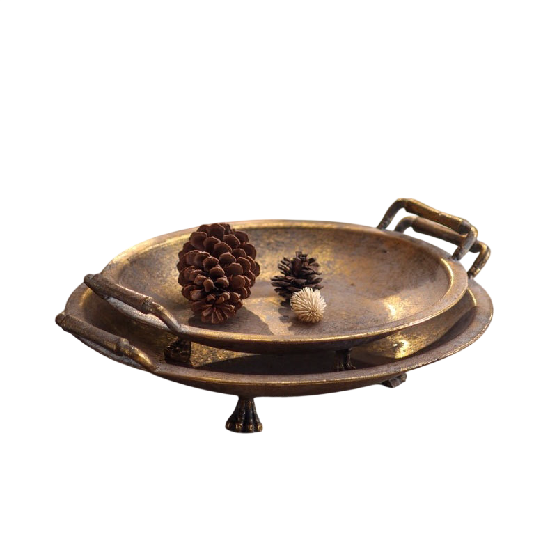 Vintage Rustic Metal Serving Tray Set – Antique Decorative Iron Fruit Bowl