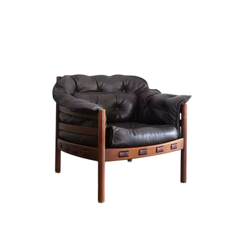 Nordic Vintage Leather Lounge Chair, Solid Wood Frame Accent Chair