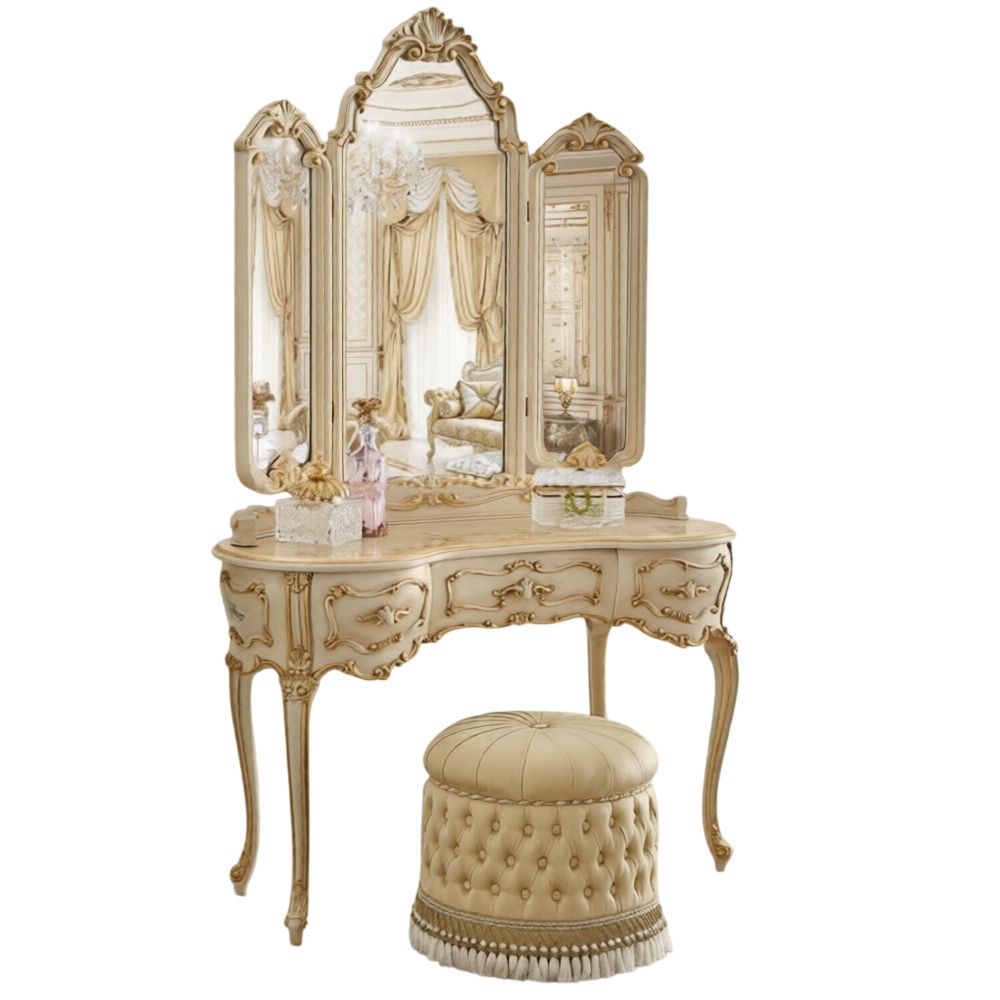 Luxury French Style Vanity Table Set with Triple Mirror, Hand-Carved Solid Wood