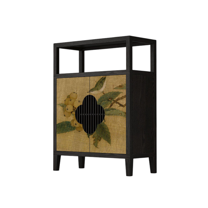 Modern Asian Inspired Solid Wood Sideboard Cabinet – Hand-Painted Bird Motif