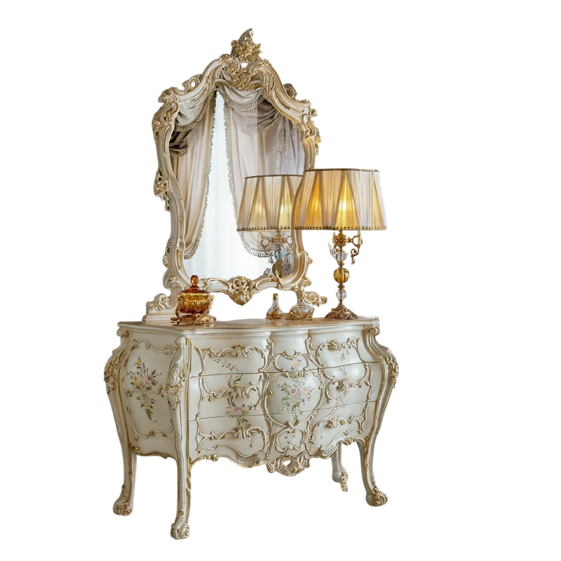 Luxury European Rococo Wine Cabinet with Mirror, Hand-Carved Embossed Solid Wood