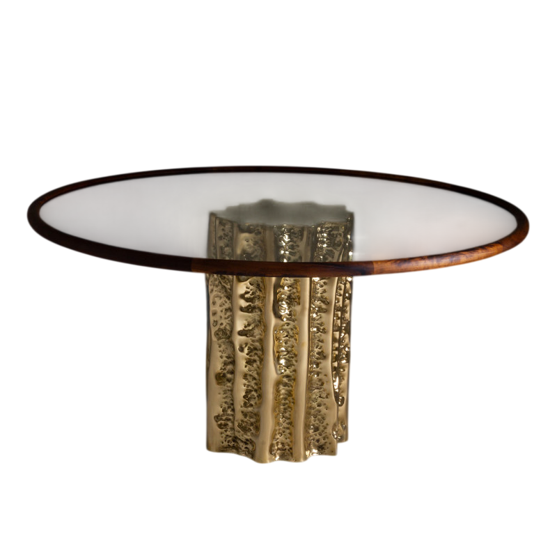 Modern Glass Dining Table with Sculptural Gold Pedestal Base