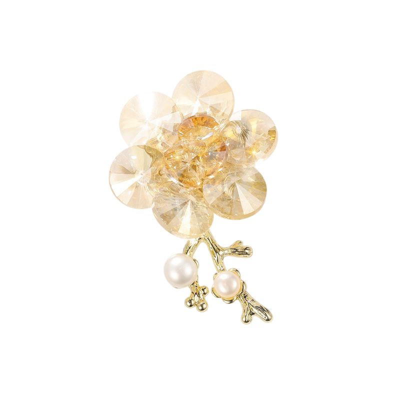 Crystal Flower Brooch Pin Pearl Floral Brooch Gold Tone Clear Petal Statement