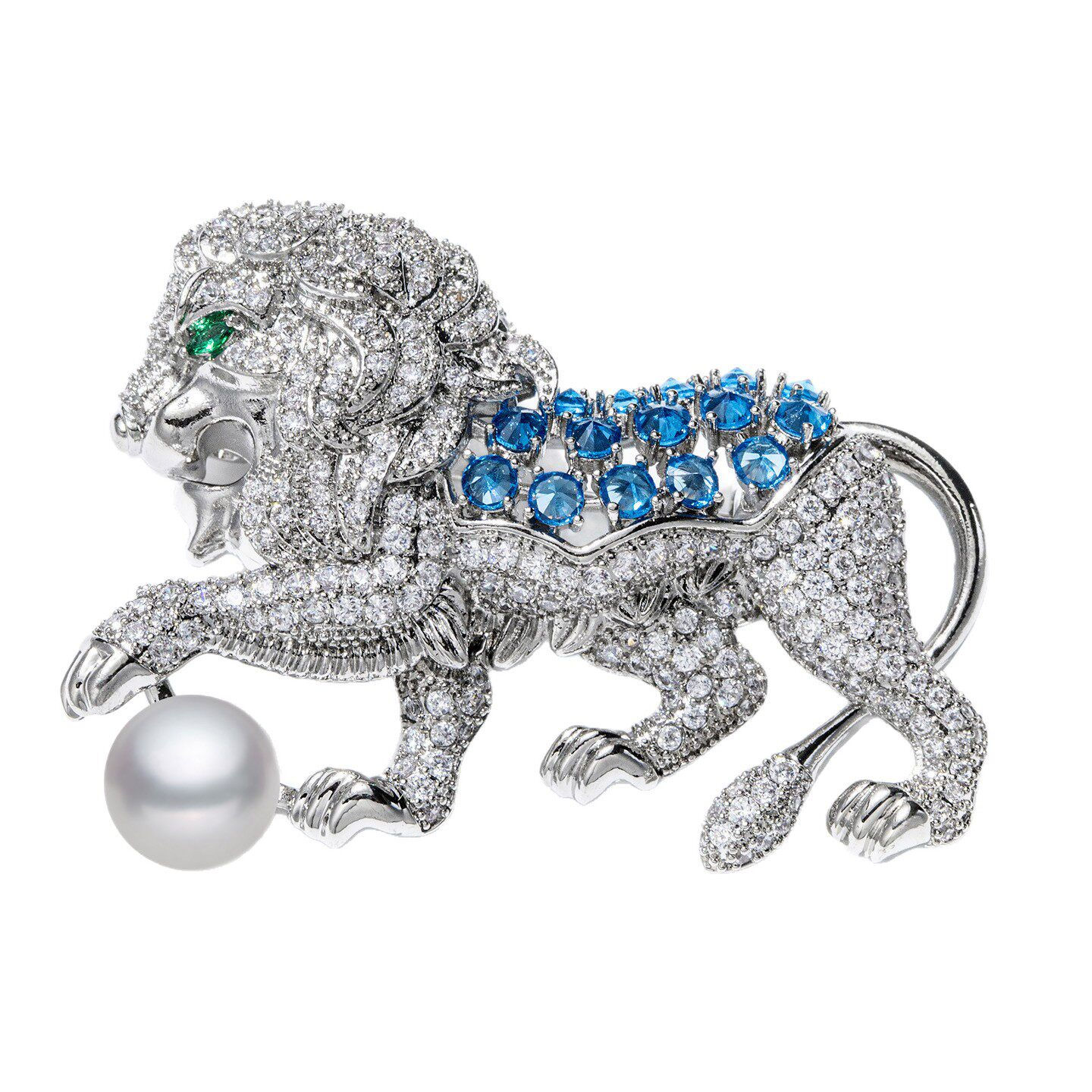 Luxury Lion Brooch Pin with Freshwater Pearl Blue Crystal Rhinestone