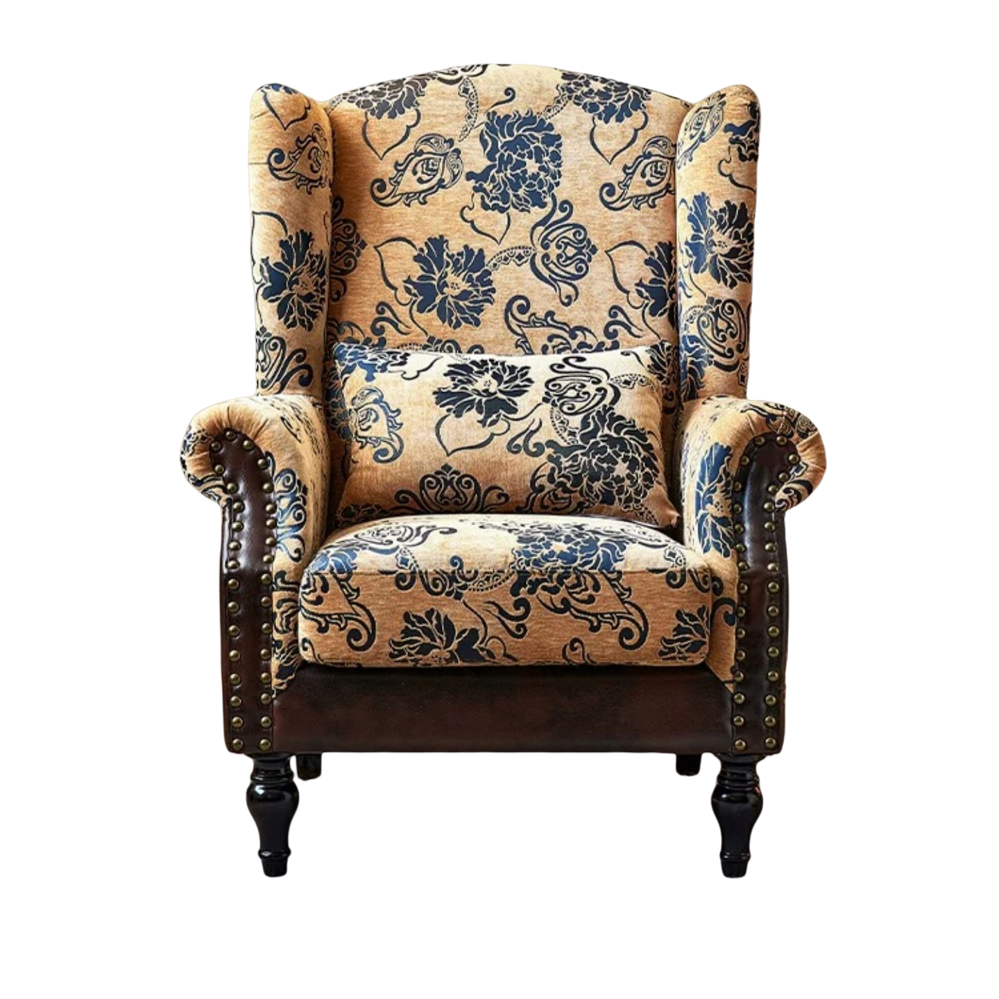 Vintage Floral Wingback Armchair, High Back Accent Chair