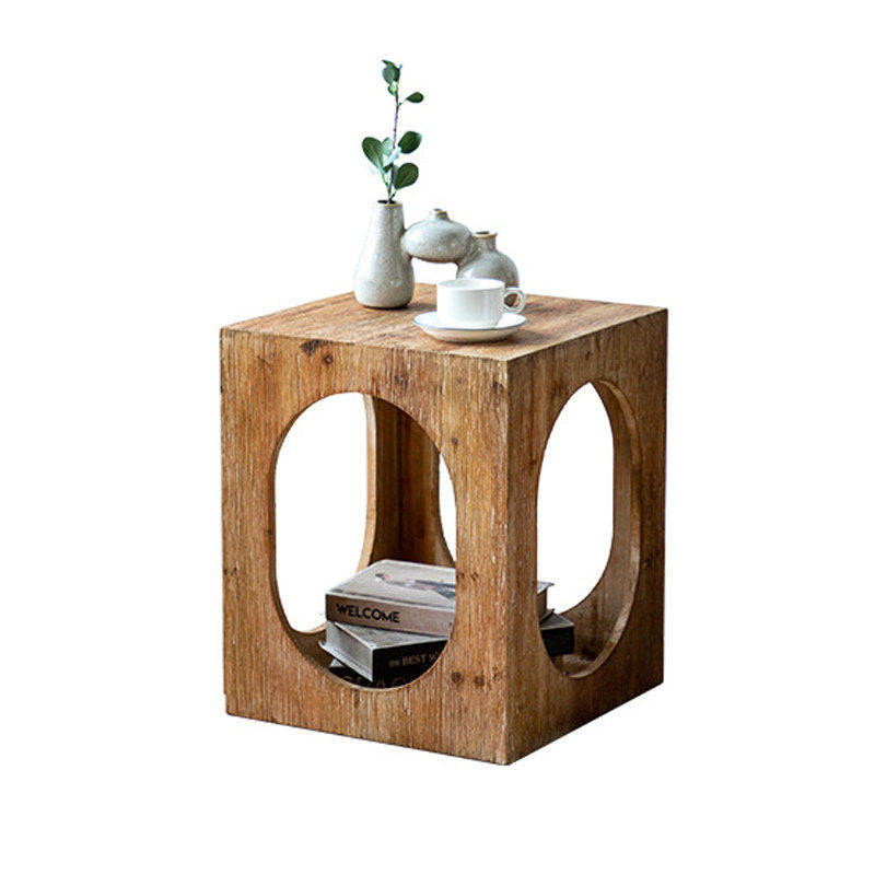 Rustic Solid Wood Side Table, Wabi Sabi Hollow Accent Table for Living Room