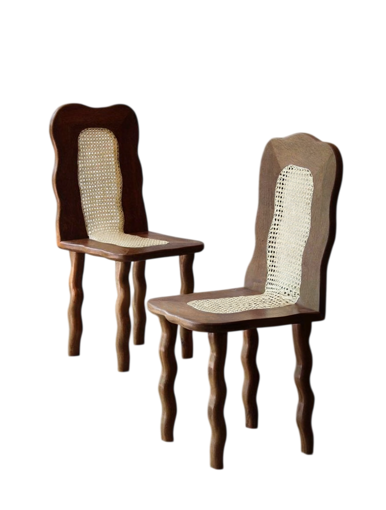 Vintage Solid Wood Dining Chair with Woven Rattan Seat and Back