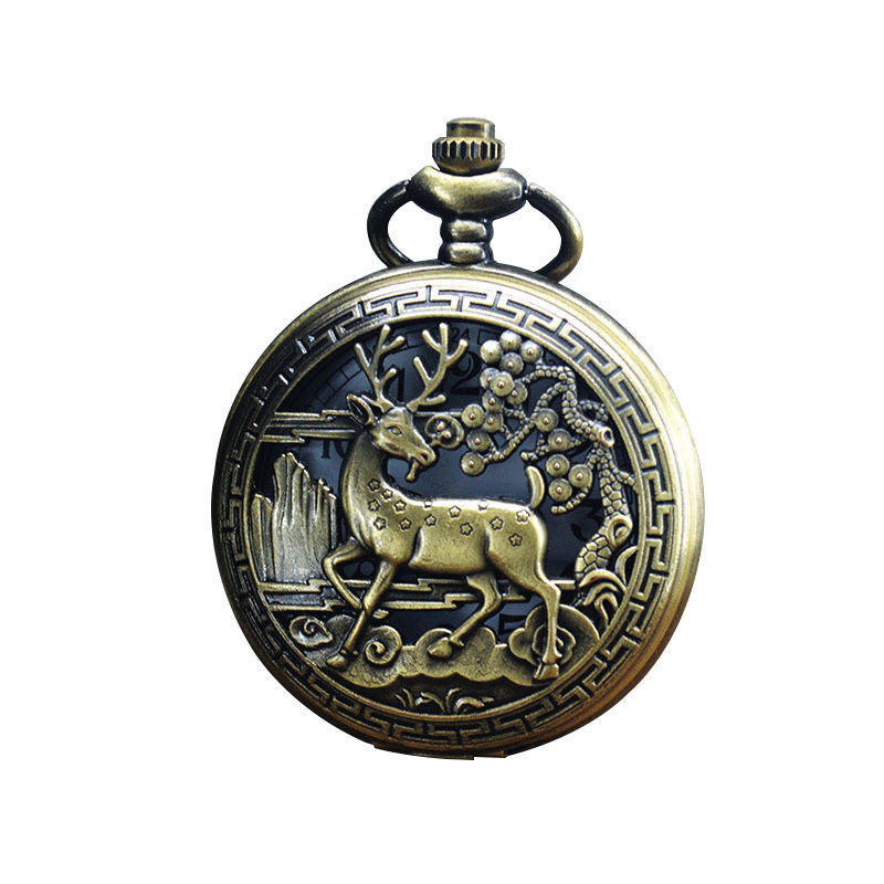 Vintage Deer Pocket Watch Antique Bronze Quartz Necklace Watch with Hollow Cover