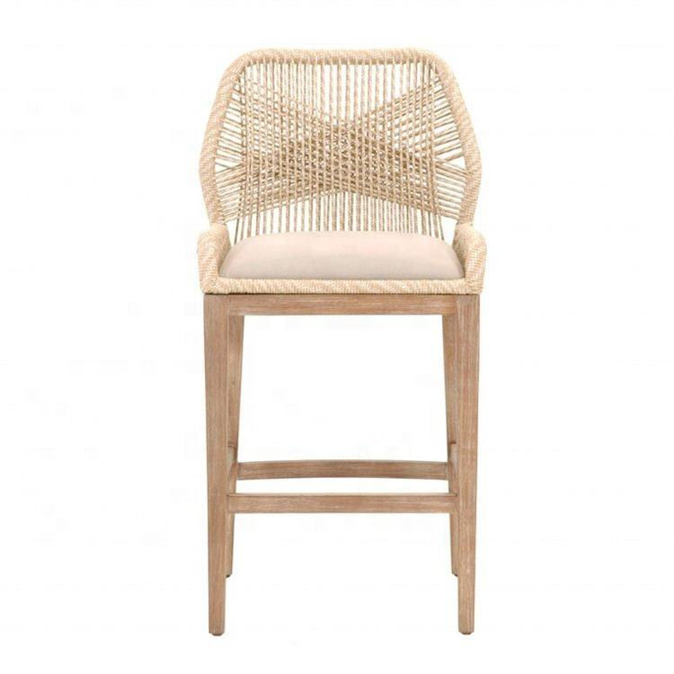 Woven Rope Bar Stool with Upholstered Seat and Solid Wood Frame