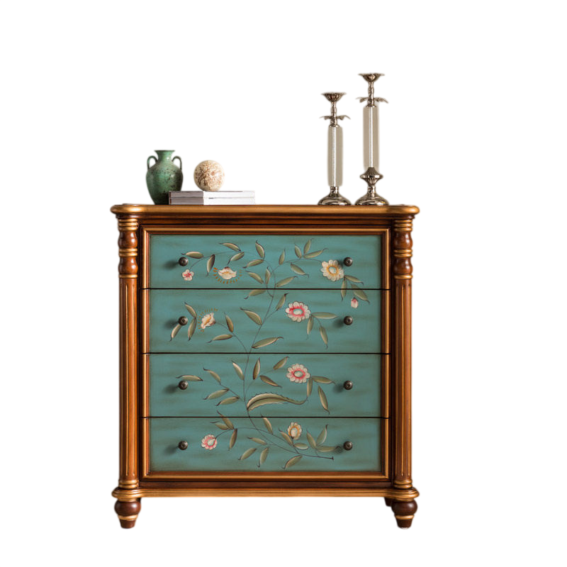 Solid Wood 4-Drawer Dresser with Hand-Painted Floral Panels – Vintage Cabinet