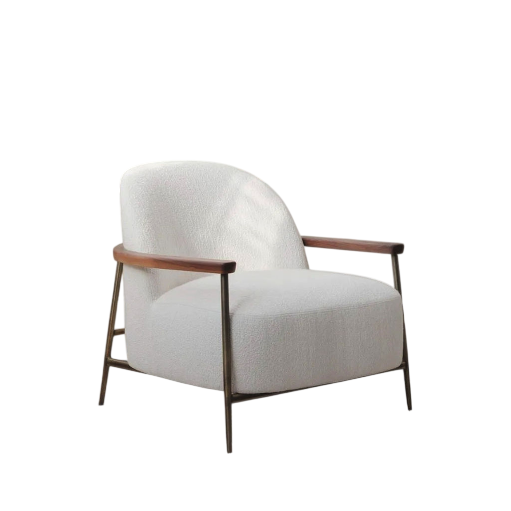 Modern Bouclé Accent Chair with Metal Frame and Wood Armrests