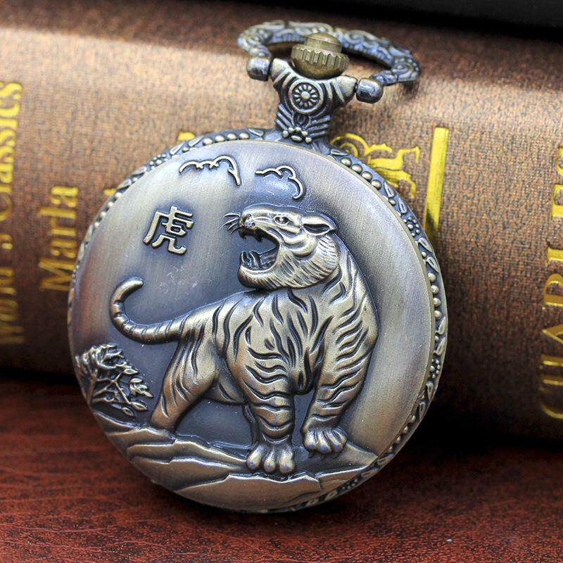Thumbnail: Vintage Tiger Pocket Watch Necklace, Retro Bronze Zodiac Quartz Pendant Watch 
