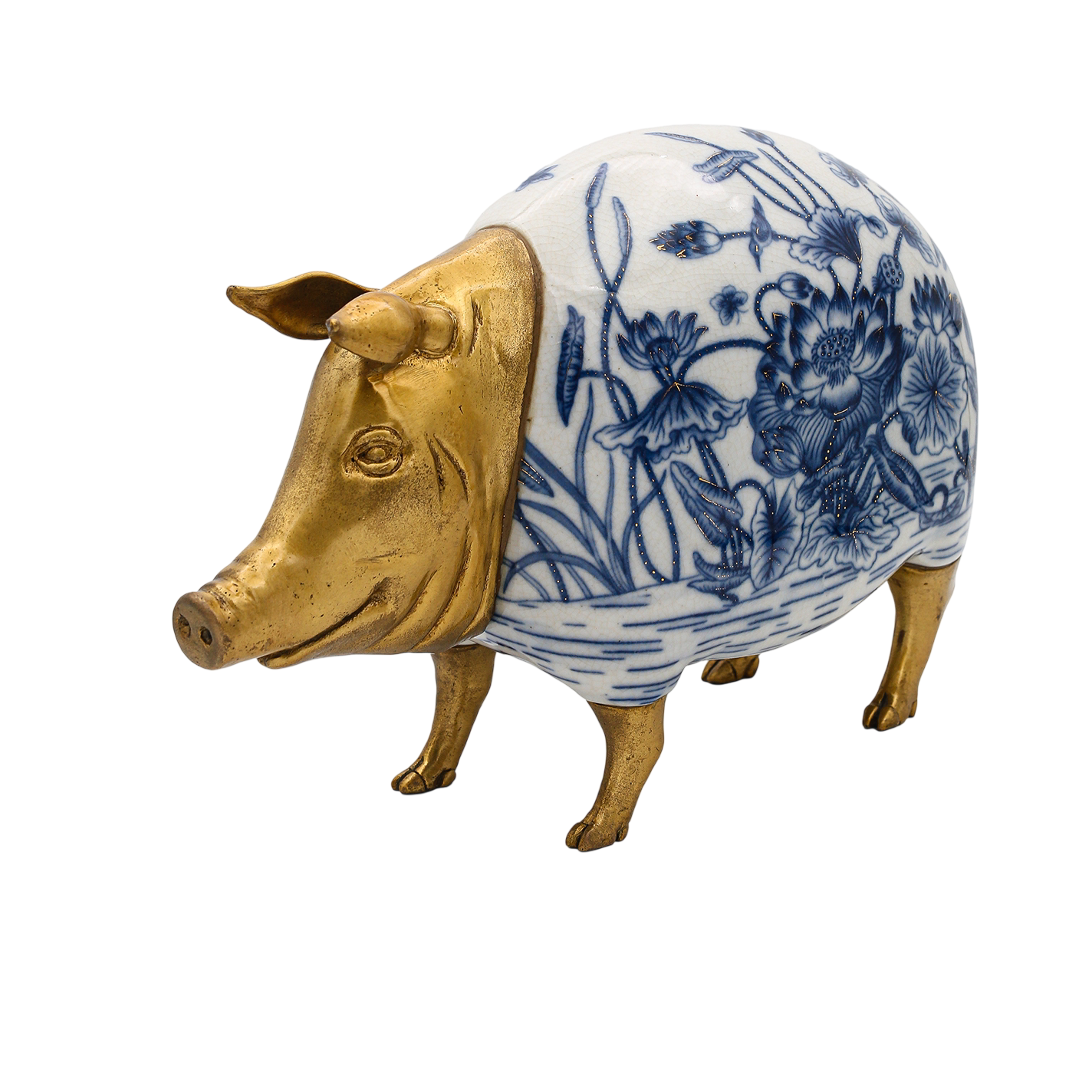 Blue and White Porcelain Pig Figurine with Gold Metal Accent