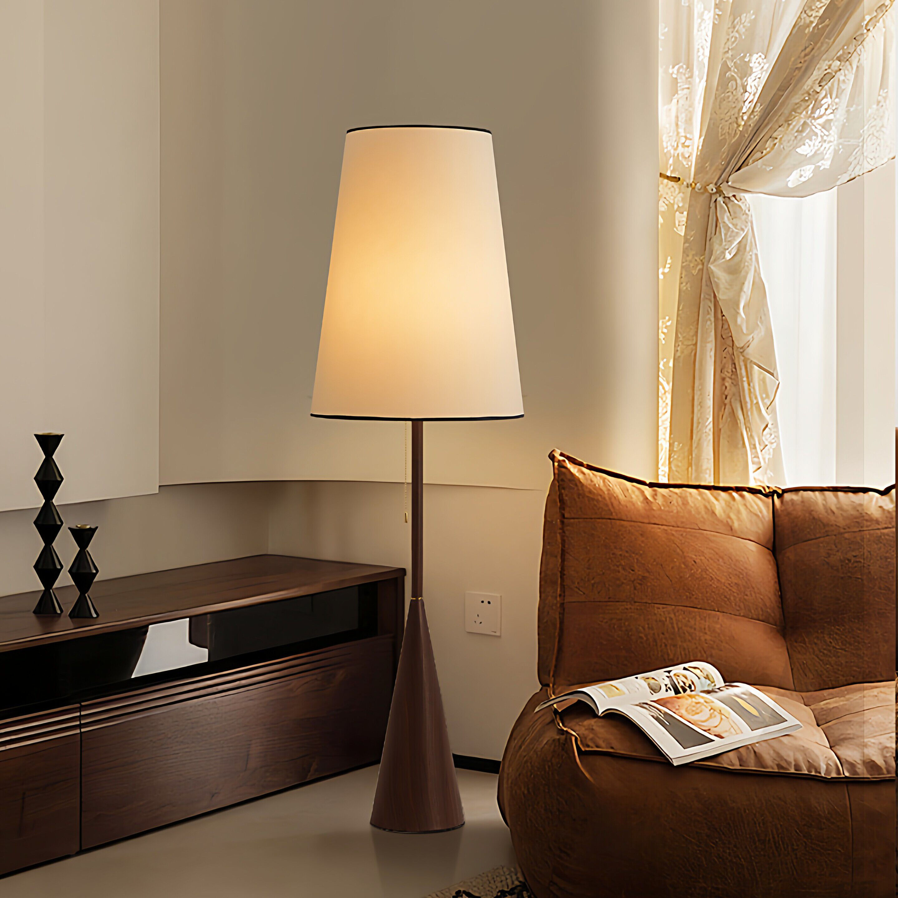 Modern Walnut Floor Lamp with Fabric Shade, Minimalist Mid Century Standing Lamp