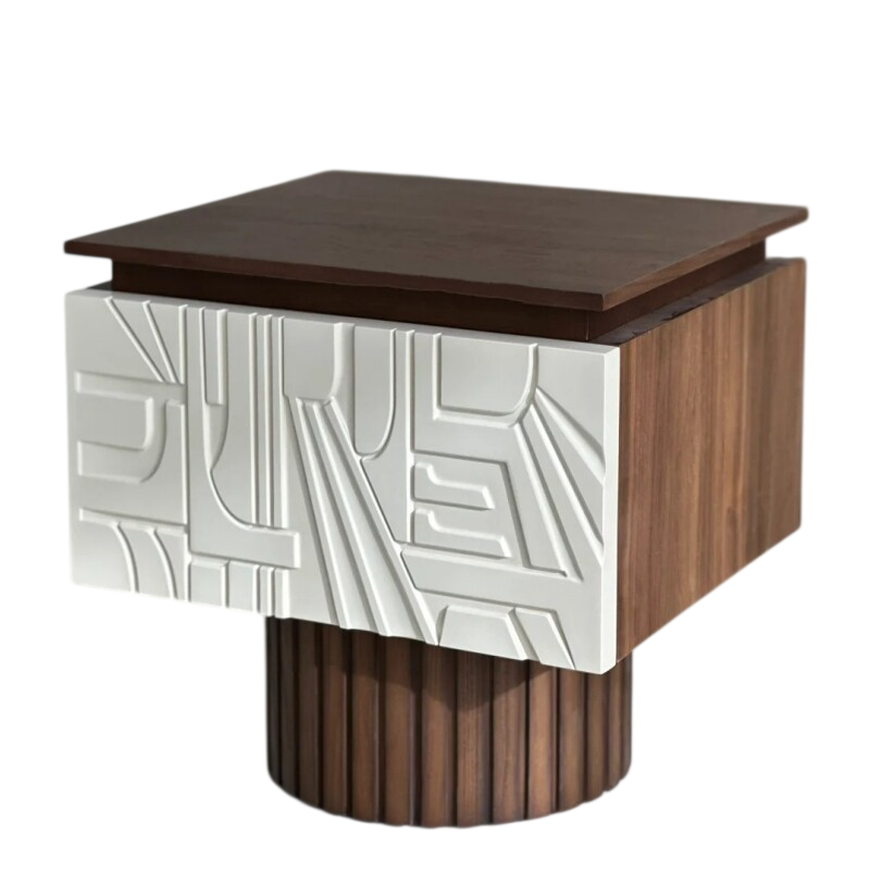 Modern Solid Wood Nightstand with Textured Drawer – Sculptural Bedside Table