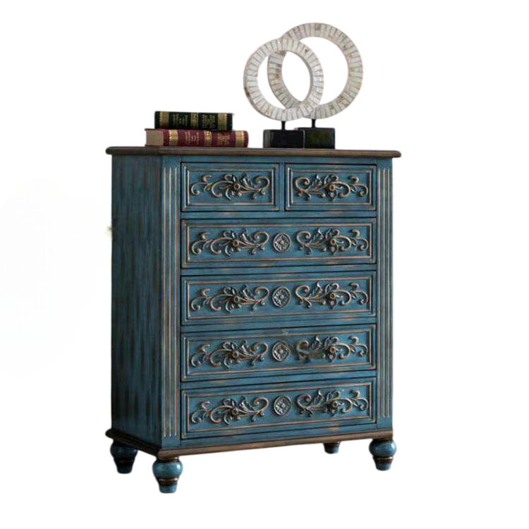 Solid Wood 6-Drawer Dresser – Vintage Blue Carved Storage Cabinet