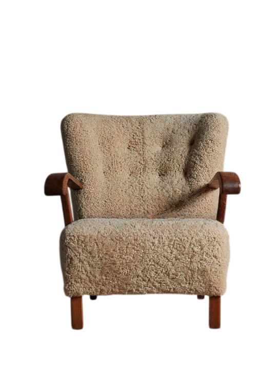 Modern Boucle Accent Lounge Chair with Wooden Armrests