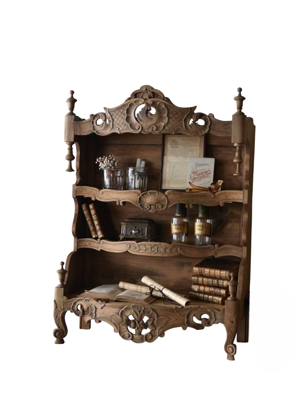 Solid Wood Carved Display Cabinet – Vintag Style Open Shelf Storage Unit
