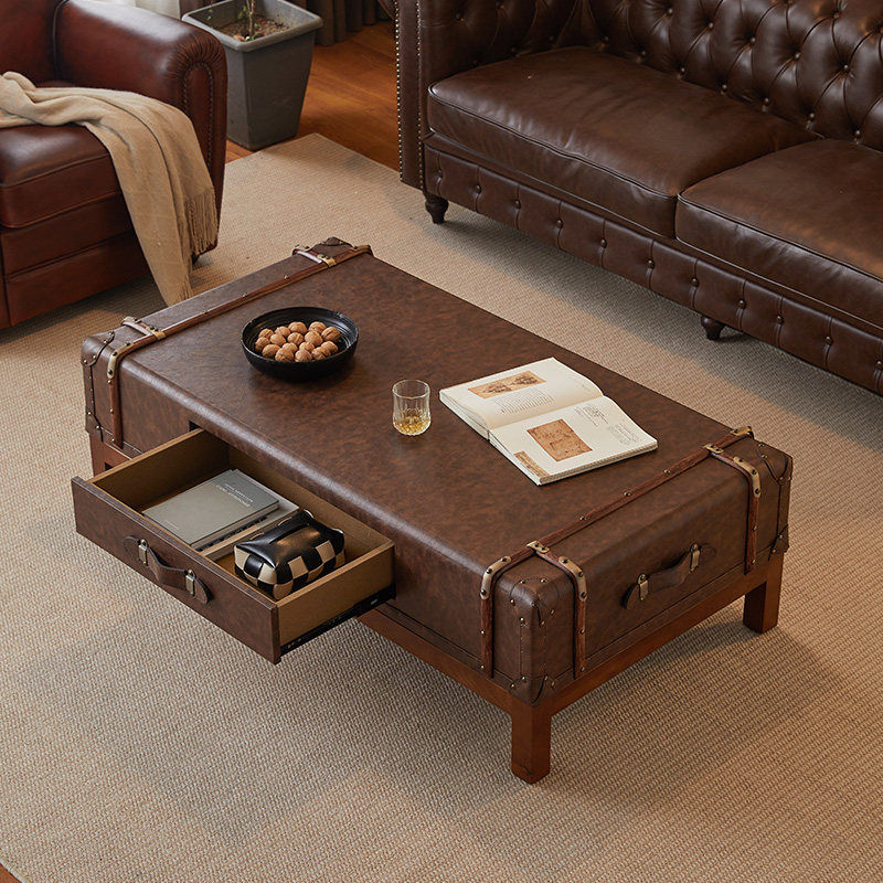 Thumbnail: Vintage Leather Trunk Coffee Table with Storage Drawers, Rustic Suitcase Style 