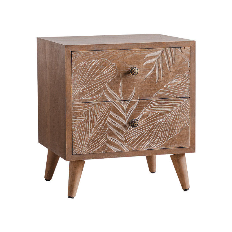 Wooden Nightstand with Carved Leaf Design Rustic Bedside Table 2 Drawer