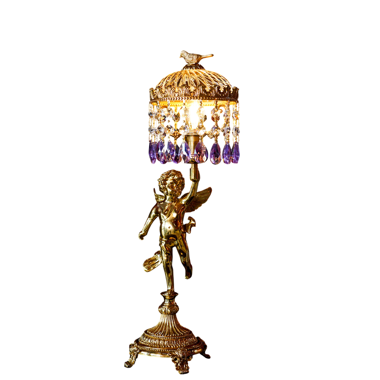 Vintage Crystal Table Lamp with Angel Sculpture, Brass Decorative Accent Lamp