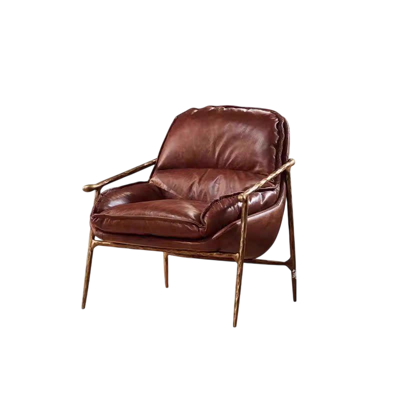 Vintage Leather Accent Lounge Chair Mid Century Modern Armchair with Metal Frame