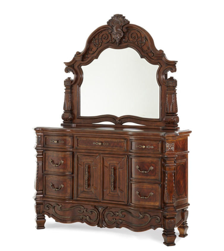 Luxury Antique Solid Wood Dresser with Mirror, Hand-Carved Cabinet