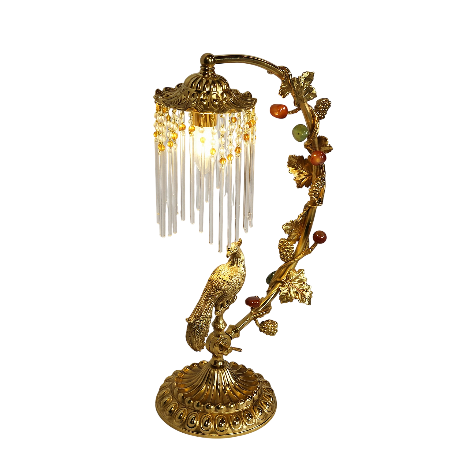 Vintage Brass Crystal Table Lamp with Bird and Vine Design, Decorative Accent