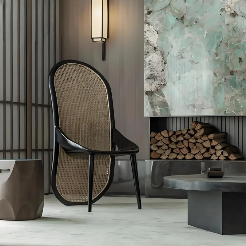 Thumbnail: Nordic Modern Cane Back Accent Chair, Solid Wood High Back Armchair 
