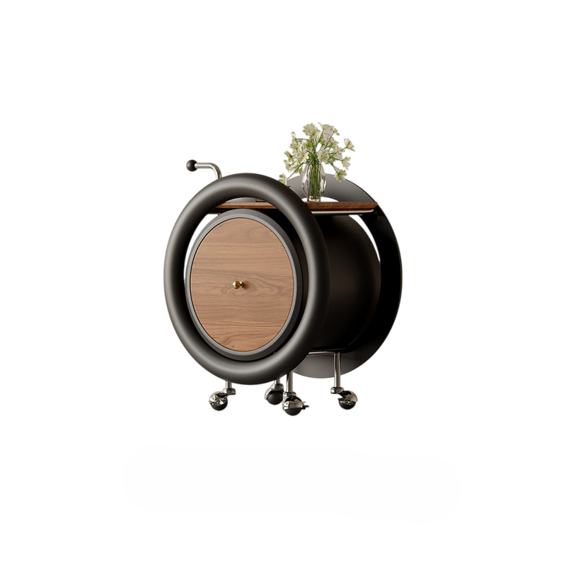 Modern Rolling Side Table with Storage – Round Mobile Accent Table with Wheels