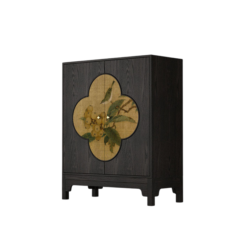 Modern Asian Inspired Solid Wood Storage Cabinet – Hand-Painted Bird Motif