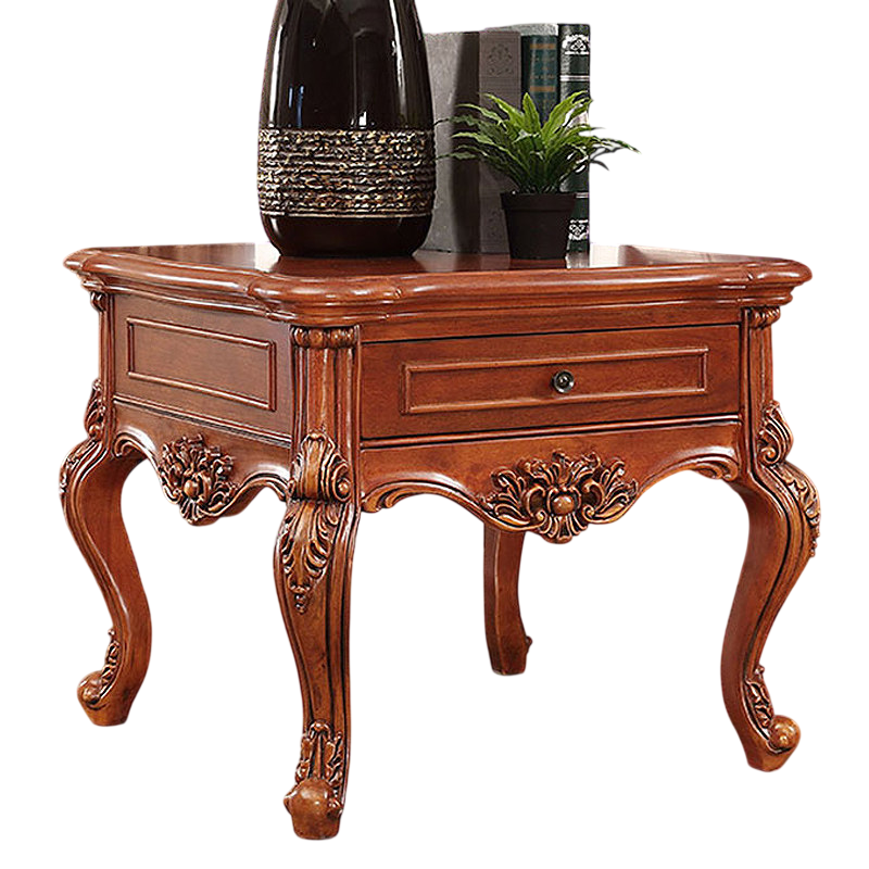 Vintage Solid Wood End Table with Drawer, Classic Carved Accent Side Table