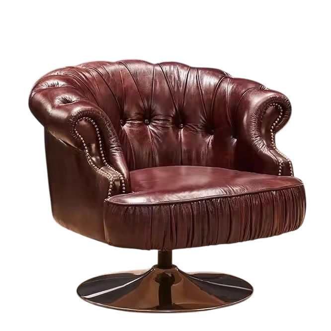 Vintage Leather Swivel Club Chair, Tufted Barrel Accent Chair