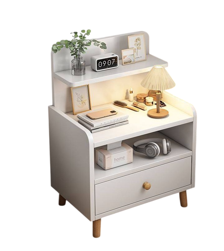 Modern White Bedside Table with Drawer & Shelf – Compact Nightstand