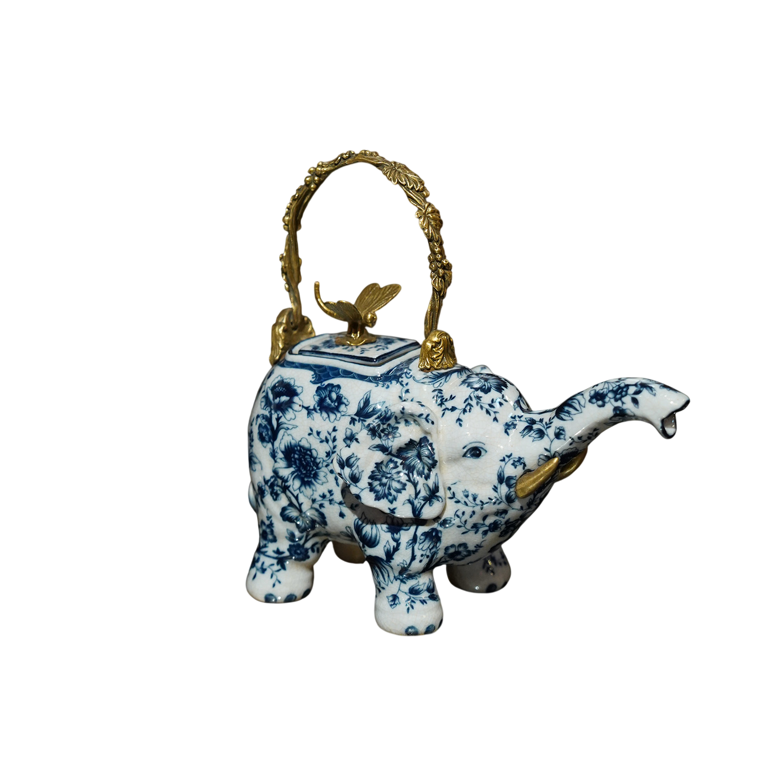 Blue and White Elephant Teapot Decorative Figurine, Ceramic and Metal Accent