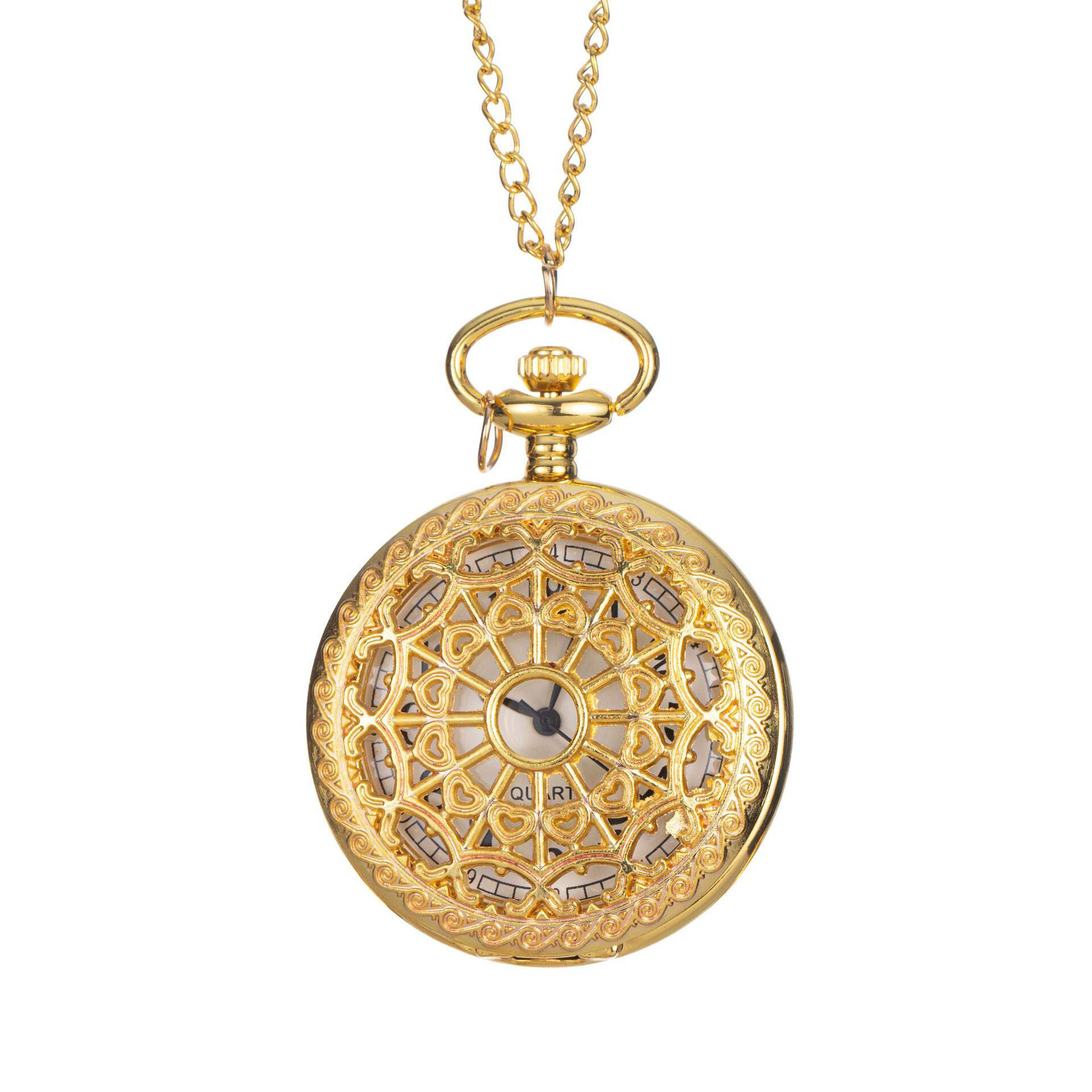 Vintage Gold Hollow Pocket Watch Necklace for Women Men