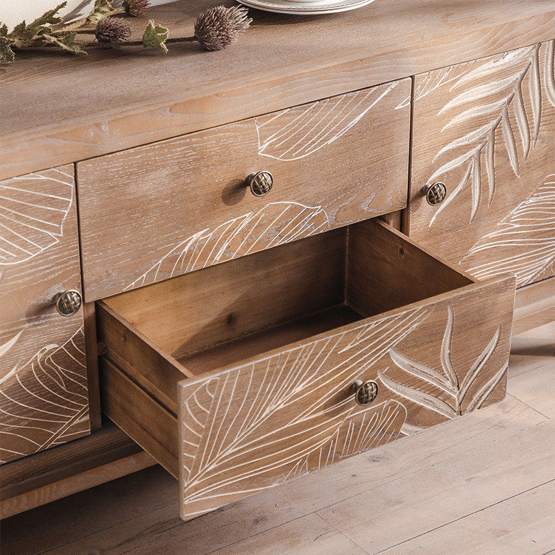 Thumbnail: Rustic Wooden Sideboard Cabinet Farmhouse Storage Console with Carved Doors 
