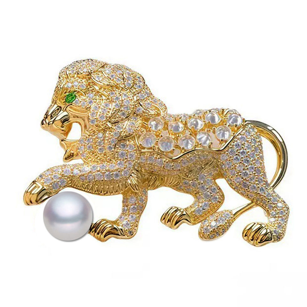 Thumbnail: Luxury Lion Brooch Pin with Freshwater Pearl Blue Crystal Rhinestone 