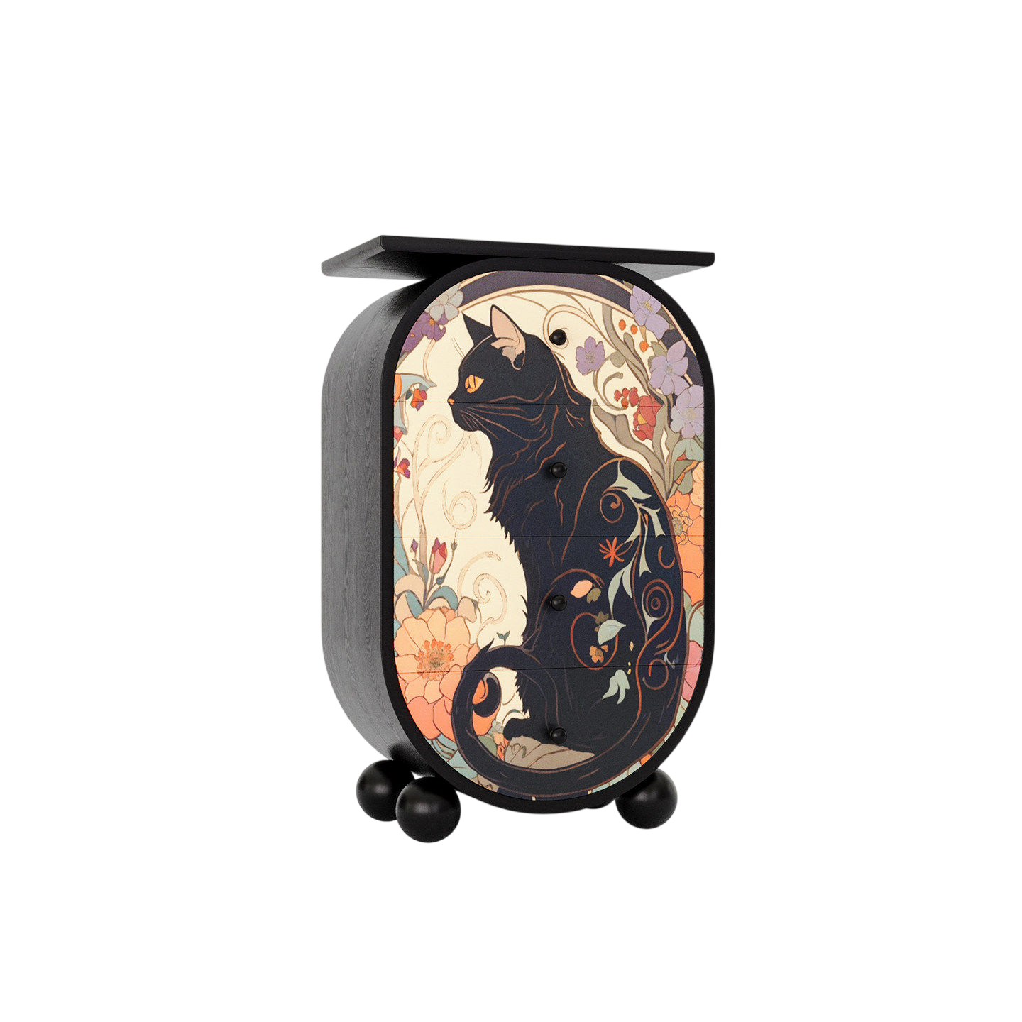 French Vintage Artistic Cat Accent Cabinet – Hand-Painted 4 Drawer Storage Chest